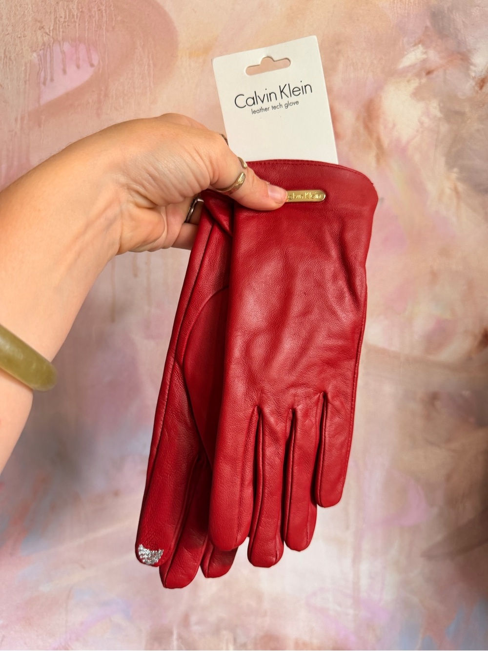 Calvin Klein Red Leather Tech Gloves with Rhinestone Accent